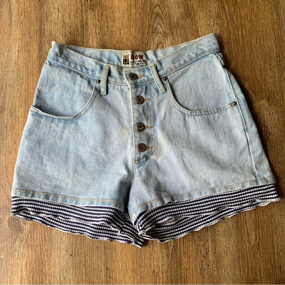 Vintage 80s 90s Now Jeans Denim Shorts Ribbon Hem XS Button Fly Western